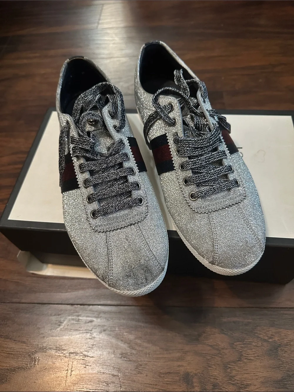 Gucci Silver Glitter Low-Top Sneakers with Red & Blue Web Stripe
